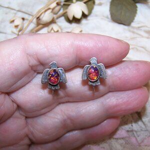 Native American Sterling Silver Art Glass Screwback Earrings - Thunderbird Front
